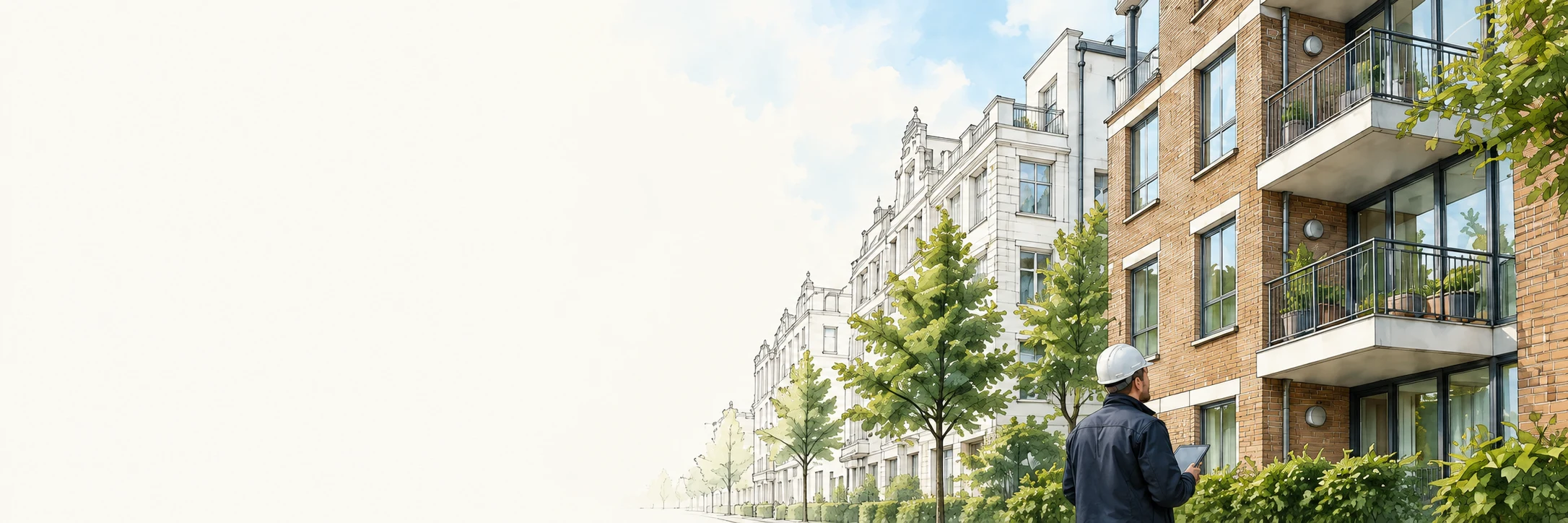 Illustratie van een technisch begeleider bij een appartementencomplex